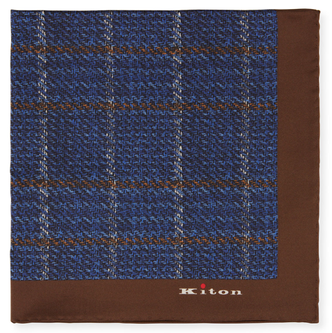 Kiton pocket square blue and brown silk