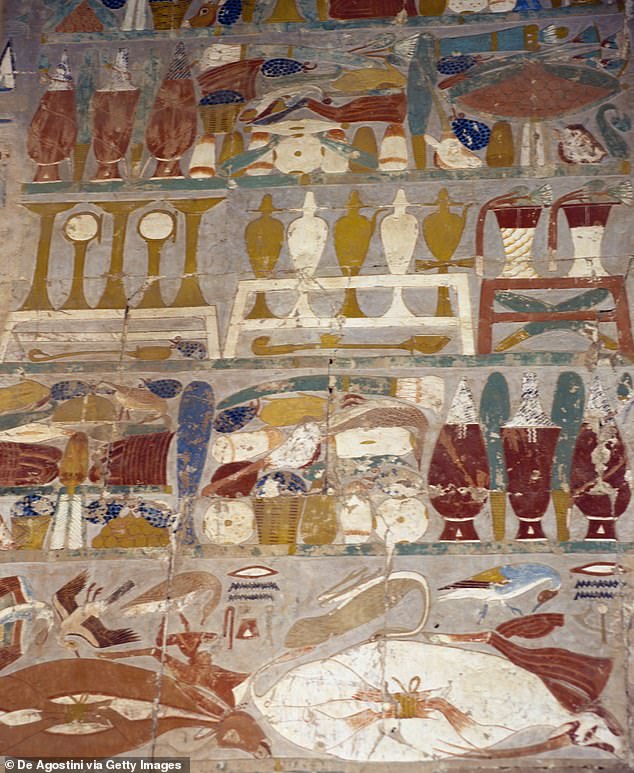 perfume jars found between Anubis and Hatshepsut, on an Ancient Egyptian  mural at the  Chapel of Anubis, Mortuary Temple of Hatshepsut, Deir el-Bahari, Theban Necropolis