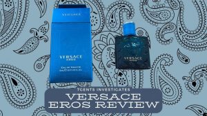 versace eros bottle and box with paisley background