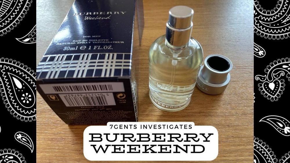 burberry weekend opened bottle next to box, on a paisley background