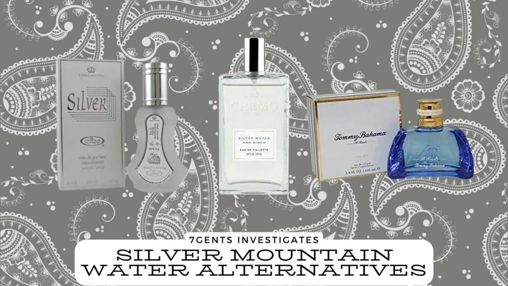 creed silver mountain water alternatives bottles on paisley background