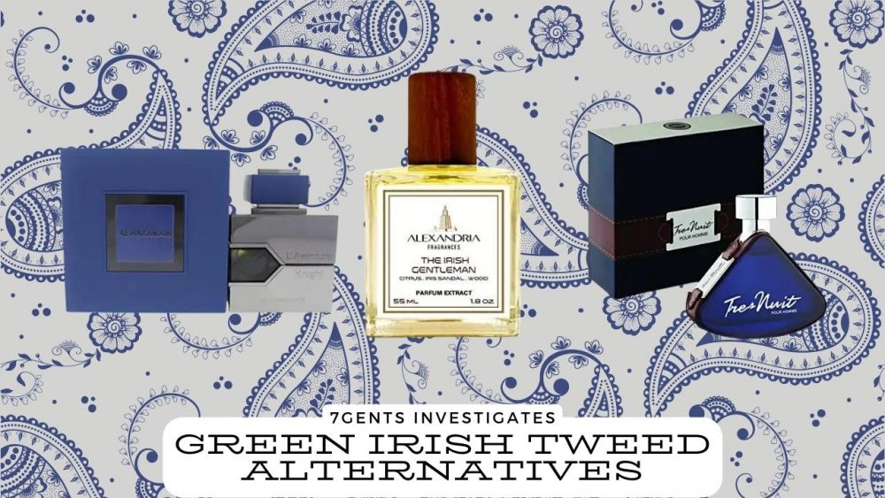 green irish tweed alternatives bottles on paisley background