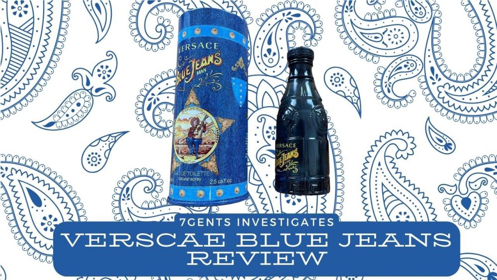 versace blue jeans bottle and packaging on paisley bakcground