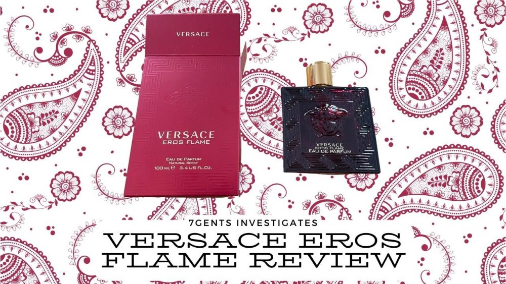 versace eros flame bottle and box on a paisley background