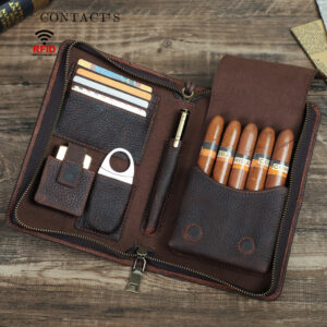 Leather Travel Cigar Case with Lighter Cutter Pocket