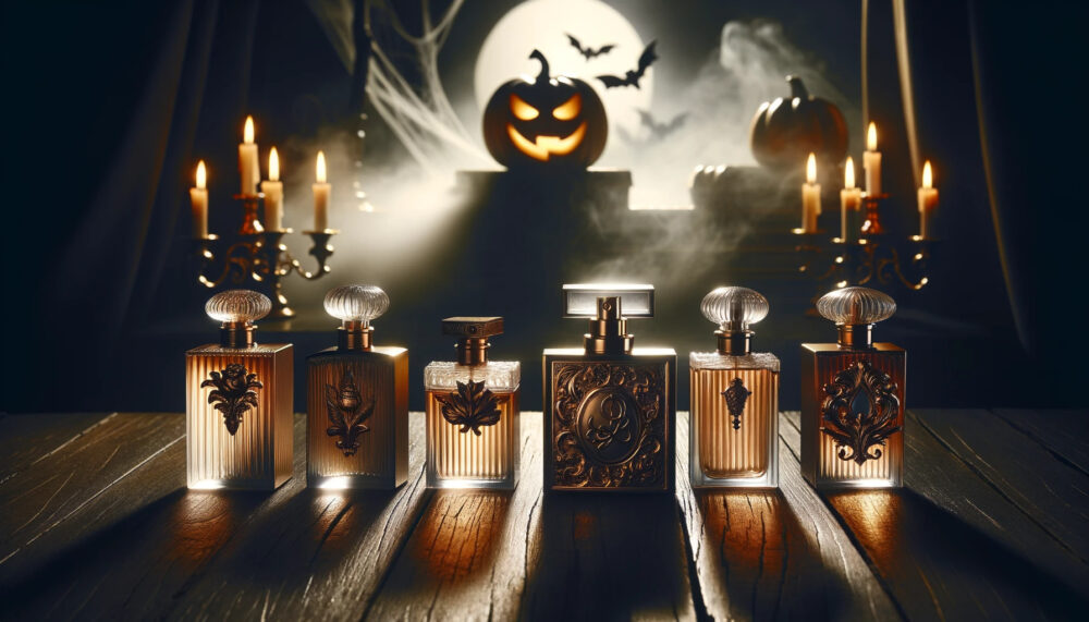 A photo capturing five luxurious cologne bottles on a wooden table, set against a Halloween-themed background.